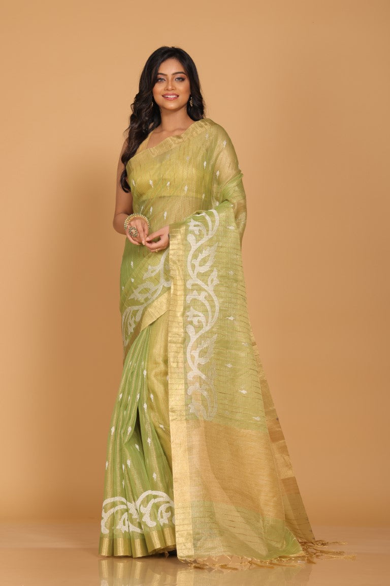 Morchari Kota Zari Stripe Embroidery Saree - Green - Distacart