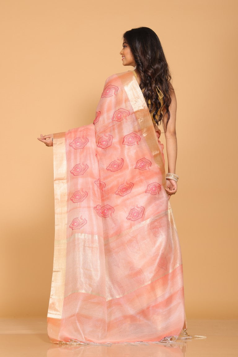 Morchari Kota Tissue Zari Embroidery Saree - Red - Distacart