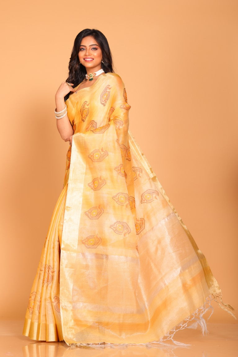 Morchari Kota Tissue Zari Embroidery Saree - Yellow - Distacart