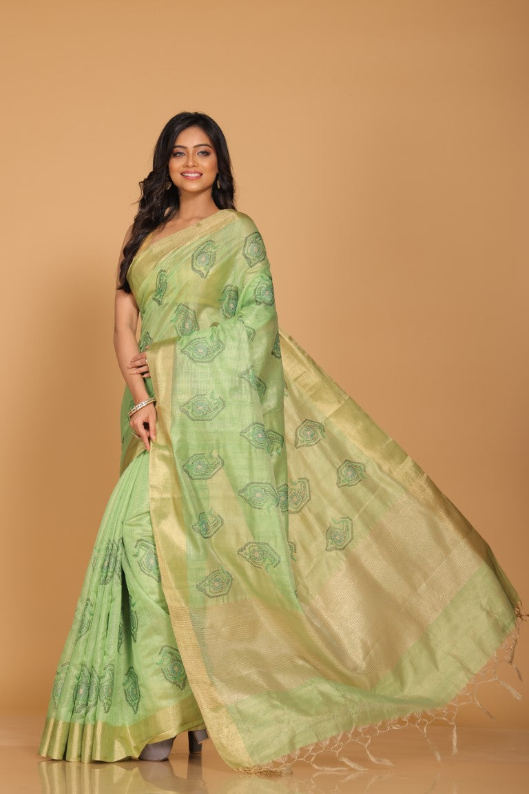 Morchari Kota Tissue Zari Embroidery Saree - Green - Distacart