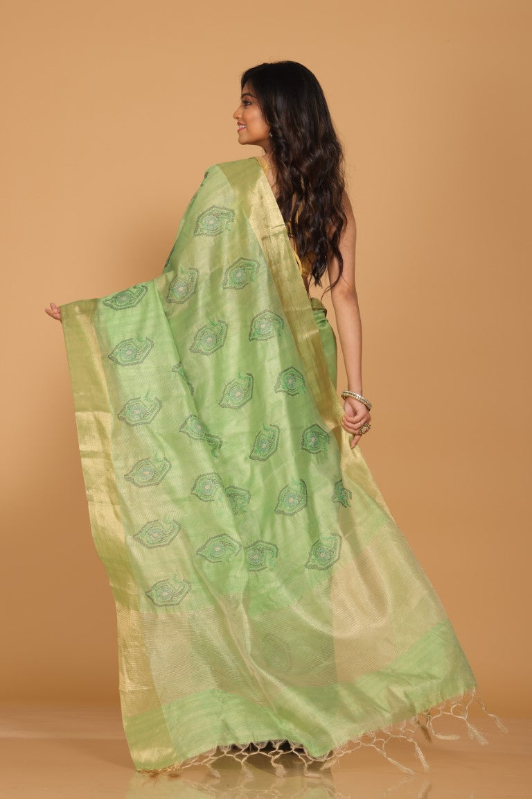 Morchari Kota Tissue Zari Embroidery Saree - Green - Distacart