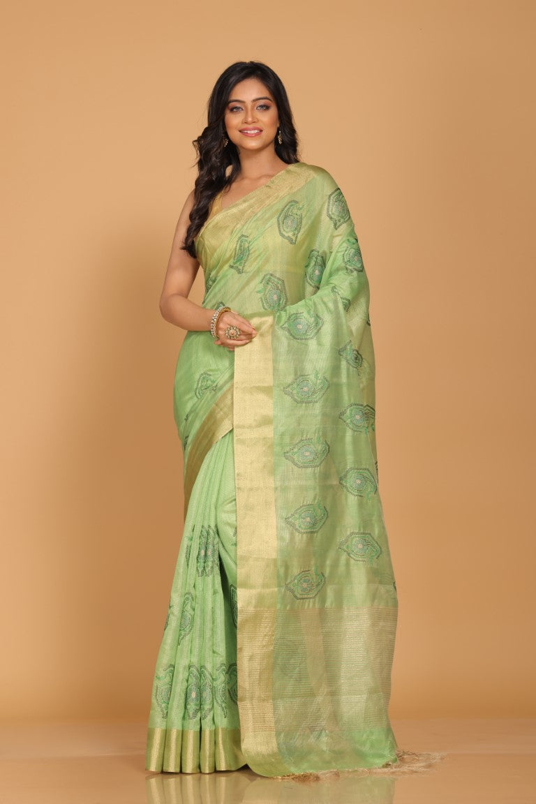Morchari Kota Tissue Zari Embroidery Saree - Green - Distacart