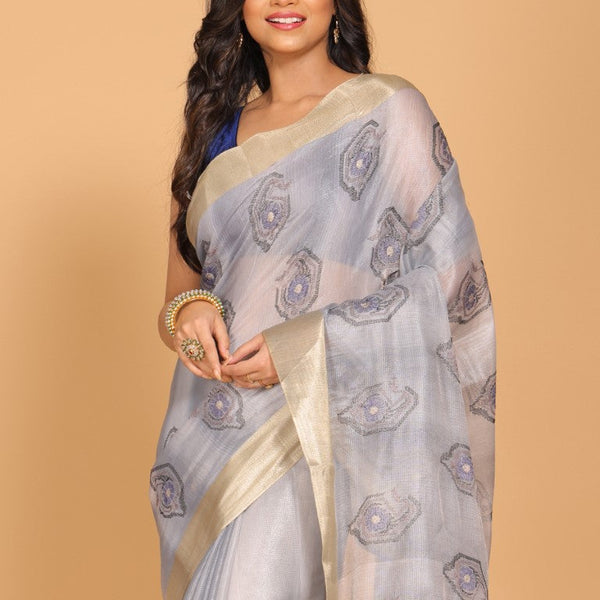 Morchari Kota Tissue Zari Embroidery Saree - Grey - Distacart