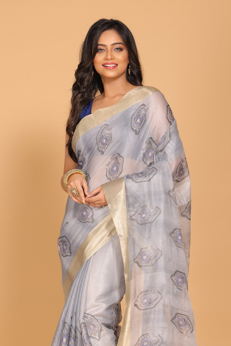 Morchari Kota Tissue Zari Embroidery Saree - Grey - Distacart
