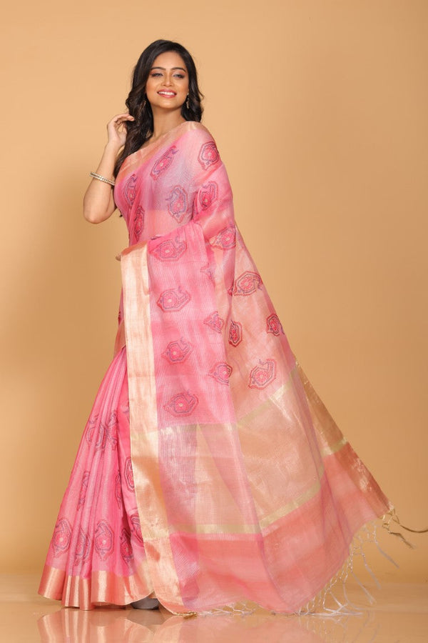 Morchari Kota Tissue Zari Embroidery Saree - Pink - Distacart