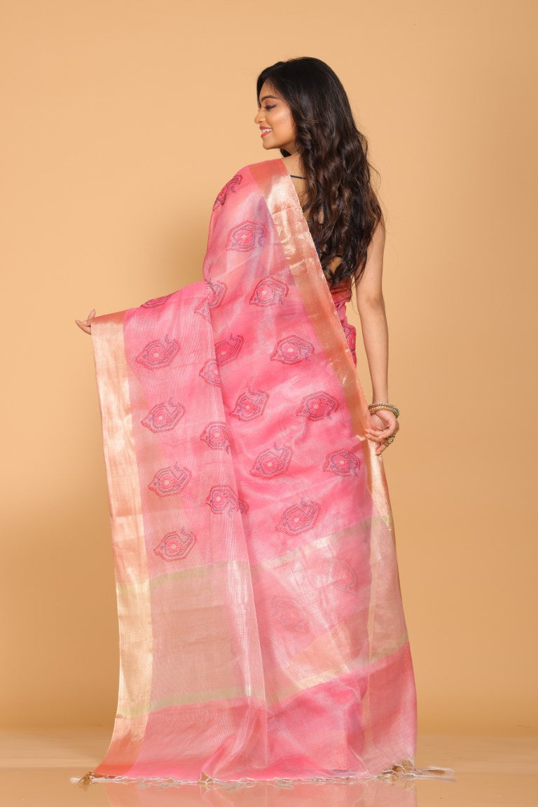 Morchari Kota Tissue Zari Embroidery Saree - Pink - Distacart