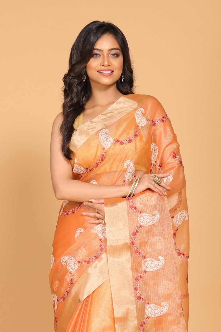 Morchari Kota Zari Embroidery Saree - Peach - Distacart