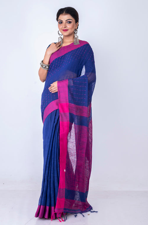 Morchari Bengal Handloom Cotton Linen Saree - Multicolor - Distacart