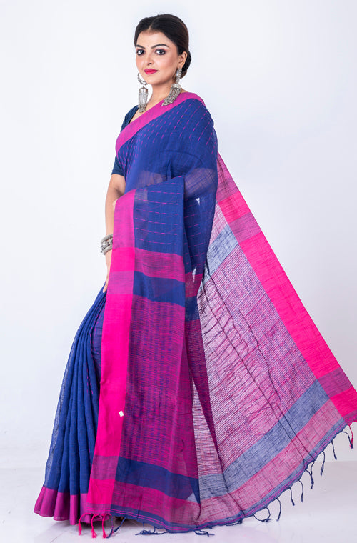 Morchari Bengal Handloom Cotton Linen Saree - Multicolor - Distacart