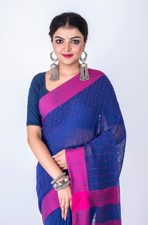 Morchari Bengal Handloom Cotton Linen Saree - Multicolor - Distacart