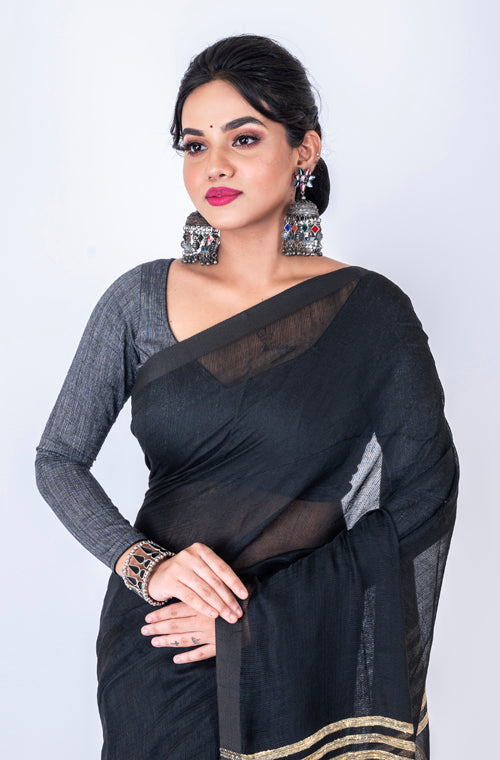 Morchari Bengal Jute Handloom Saree - Black - Distacart