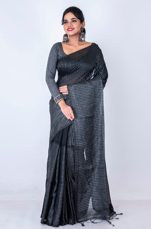 Morchari Bengal Handloom Cotton Zari Check Saree - Black - Distacart
