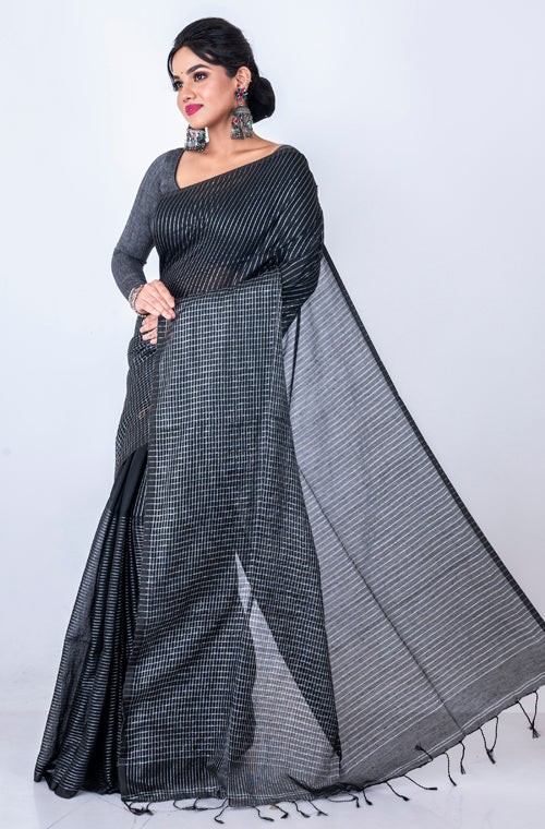 Morchari Bengal Handloom Cotton Zari Check Saree - Black - Distacart