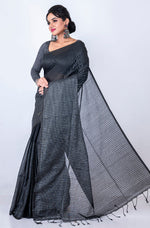 Thumbnail for Morchari Bengal Handloom Cotton Zari Check Saree - Black - Distacart