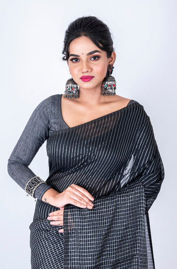 Morchari Bengal Handloom Cotton Zari Check Saree - Black - Distacart