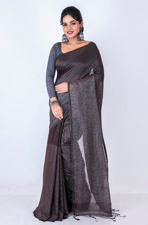 Morchari Bengal Handloom Cotton Zari Check Saree - Brown - Distacart