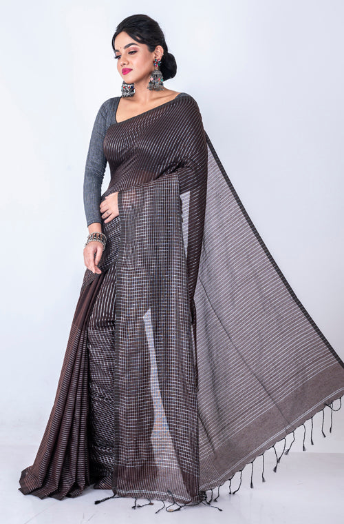 Morchari Bengal Handloom Cotton Zari Check Saree - Brown - Distacart