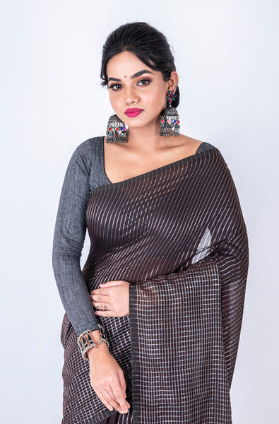 Morchari Bengal Handloom Cotton Zari Check Saree - Brown - Distacart