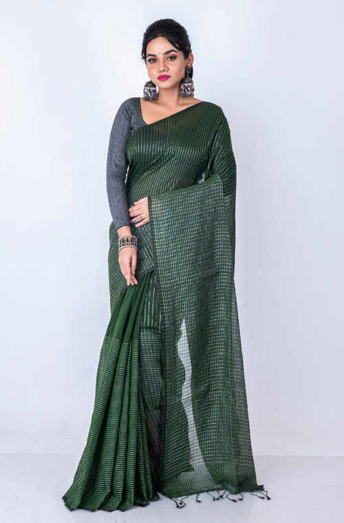 Morchari Bengal Handloom Cotton Zari Check Saree - Green - Distacart