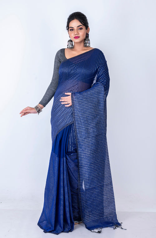 Morchari Bengal Handloom Cotton Zari Check Saree - Navy Blue - Distacart