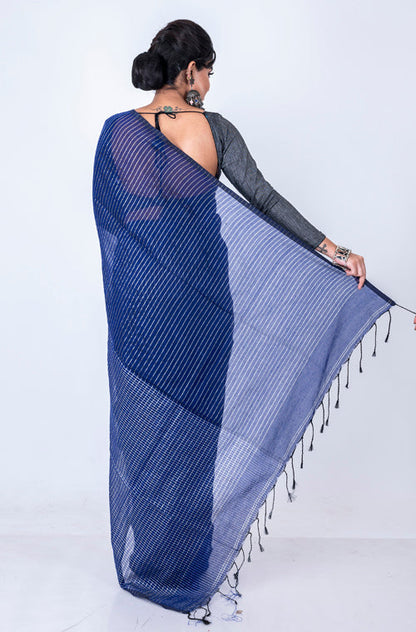 Morchari Bengal Handloom Cotton Zari Check Saree - Navy Blue - Distacart