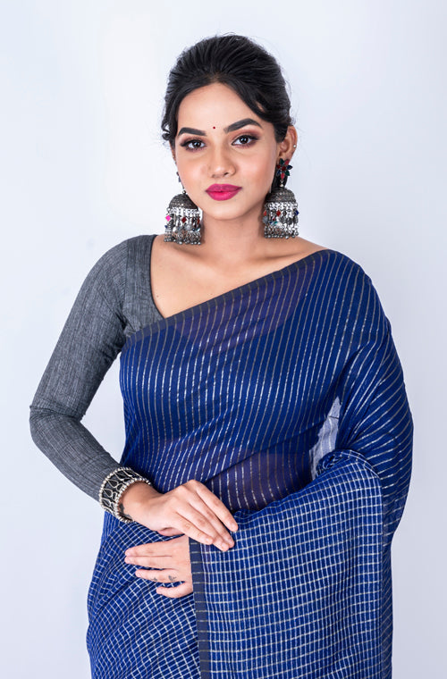 Morchari Bengal Handloom Cotton Zari Check Saree - Navy Blue - Distacart