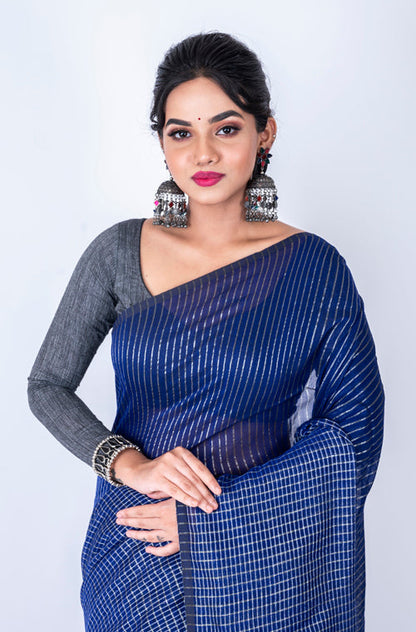 Morchari Bengal Handloom Cotton Zari Check Saree - Navy Blue - Distacart