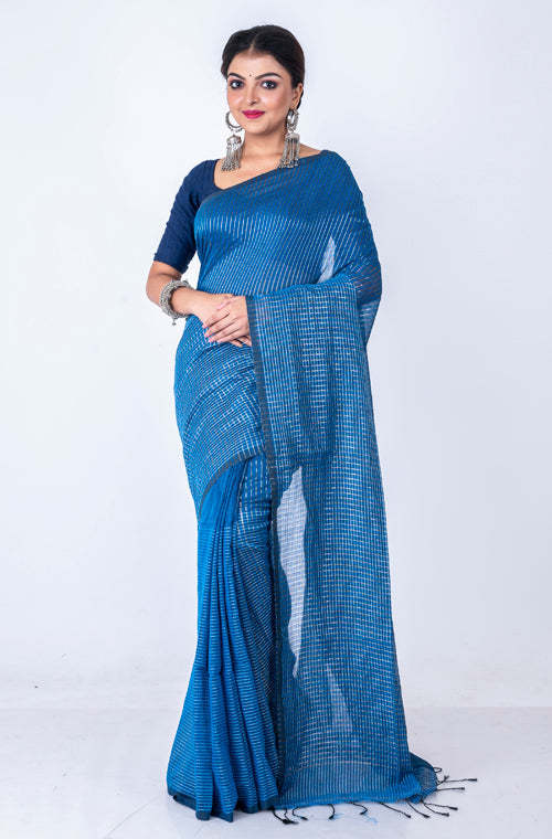 Morchari Bengal Handloom Cotton Zari Check Saree - Blue - Distacart