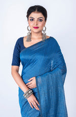 Thumbnail for Morchari Bengal Handloom Cotton Zari Check Saree - Blue - Distacart