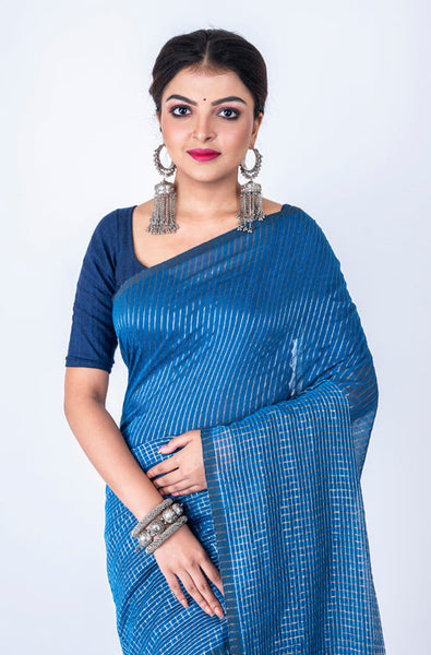 Morchari Bengal Handloom Cotton Zari Check Saree - Blue - Distacart