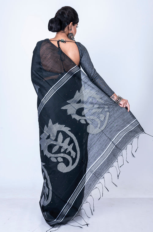 Morchari Bengal Handloom Cotton Zari Saree - Black - Distacart