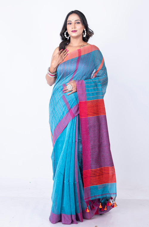 Morchari Bengal Cotton / Cotton Saree - Blue - Distacart