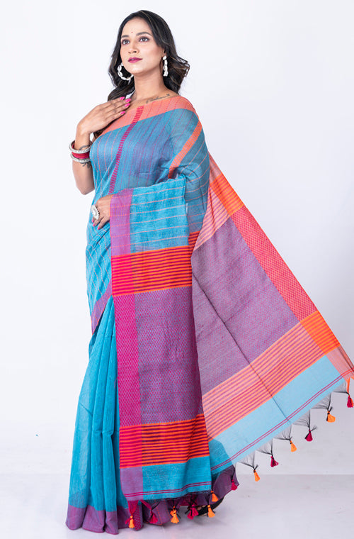 Morchari Bengal Cotton / Cotton Saree - Blue - Distacart