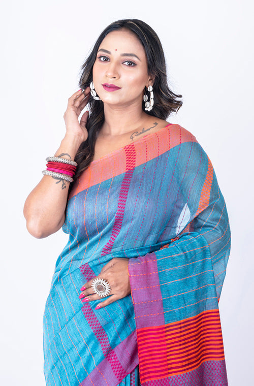 Morchari Bengal Cotton / Cotton Saree - Blue - Distacart