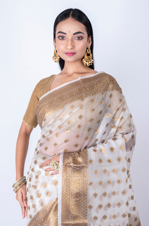 Morchari Baranasi All Over Zari Work Saree - White - Distacart