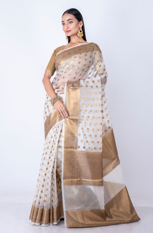 Morchari Baranasi All Over Zari Work Saree - White - Distacart