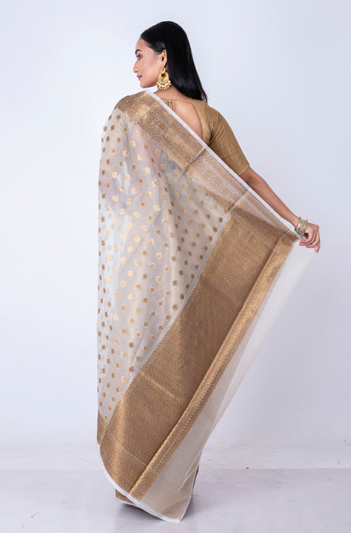 Morchari Baranasi All Over Zari Work Saree - White - Distacart