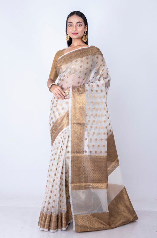 Morchari Baranasi All Over Zari Work Saree - White - Distacart