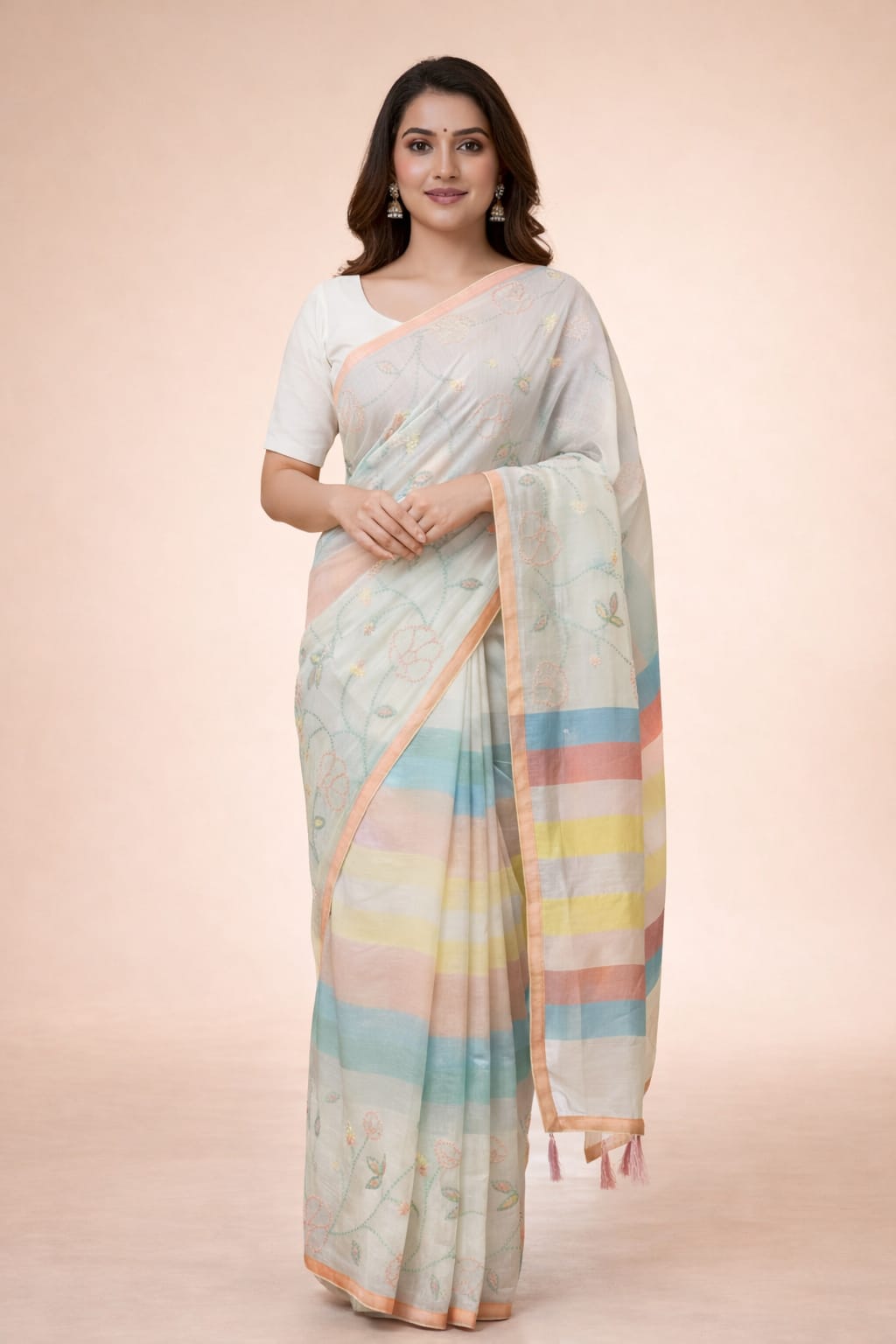 Morchari Mal Chanderi All Over kantha Work With Unstitched Blouse - Distacart