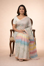 Thumbnail for Morchari Mal Chanderi All Over kantha Work With Unstitched Blouse - Distacart