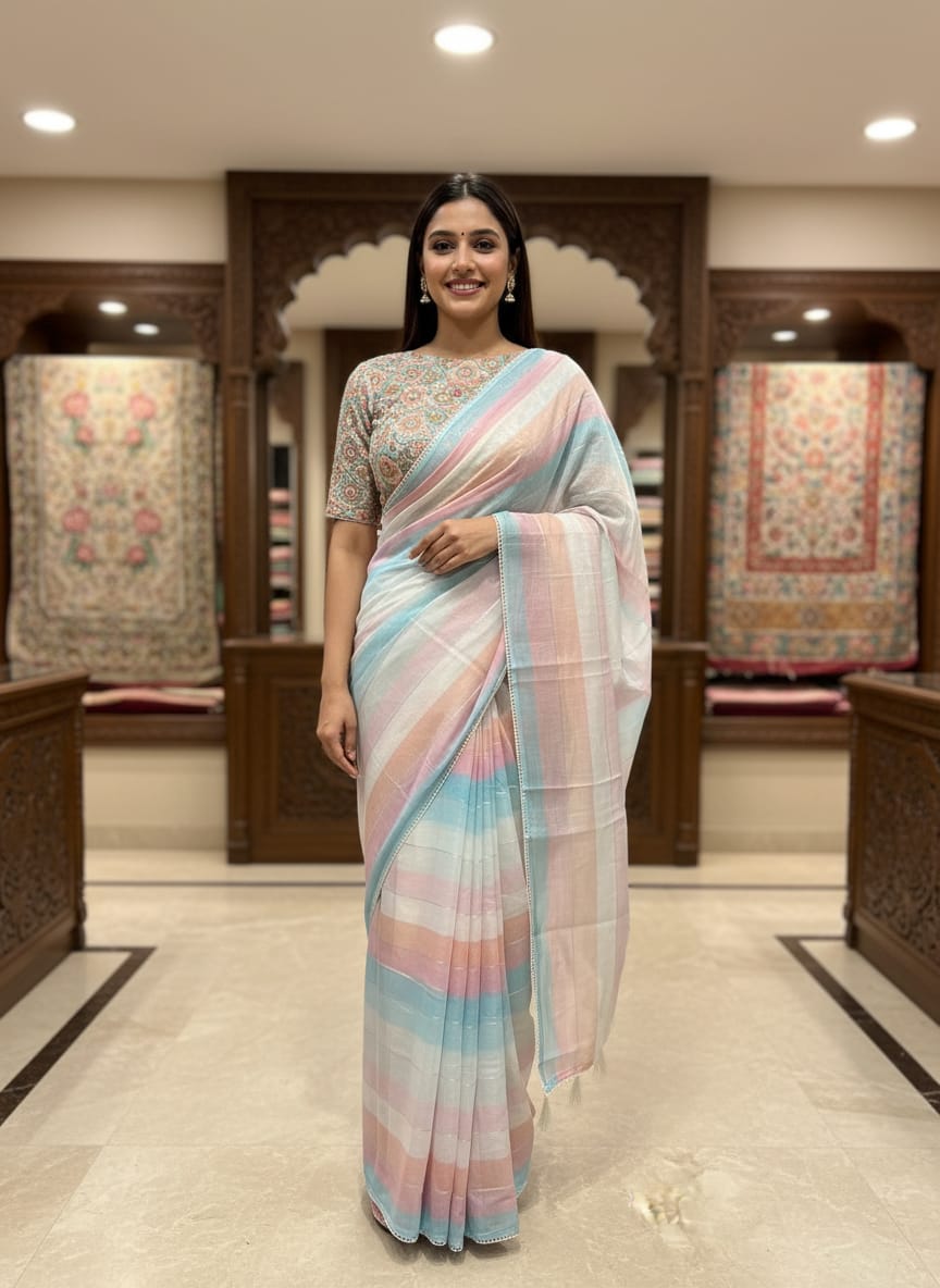 Morchari Multicolour saree with heavy unstitched blouse piece - Distacart