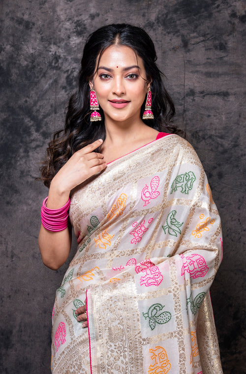 Morchari Pure Dola Silk Saree - Cream - Distacart
