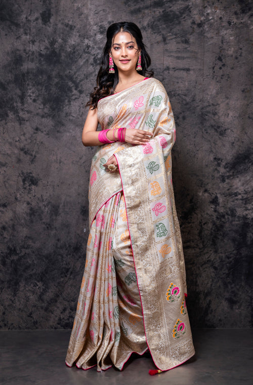 Morchari Pure Dola Silk Saree - Cream - Distacart