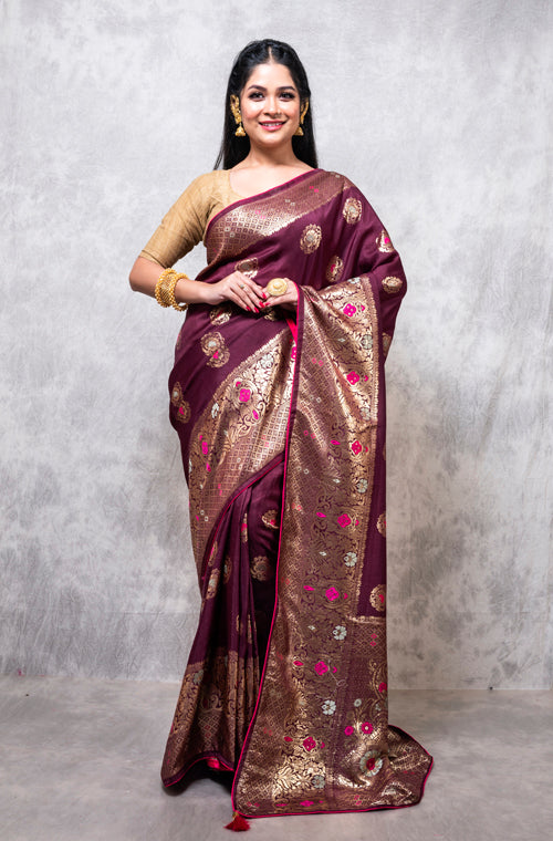 Morchari Pure Dola Silk Saree - Brown - Distacart