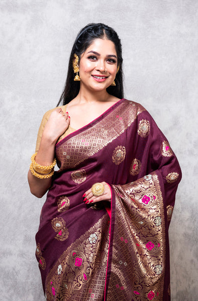 Morchari Pure Dola Silk Saree - Brown - Distacart