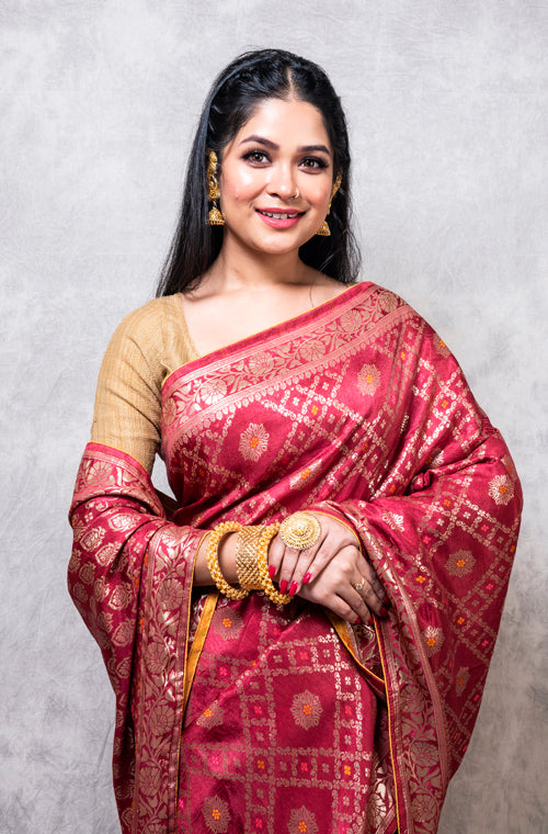 Morchari Pure Dola Silk Saree - Maroon - Distacart