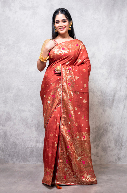 Morchari Pure Dola Silk Saree - Dark Mustard - Distacart
