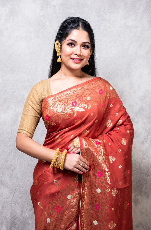 Morchari Pure Dola Silk Saree - Dark Mustard - Distacart