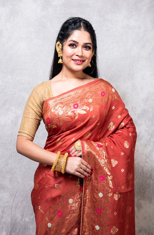 Morchari Pure Dola Silk Saree - Dark Mustard - Distacart