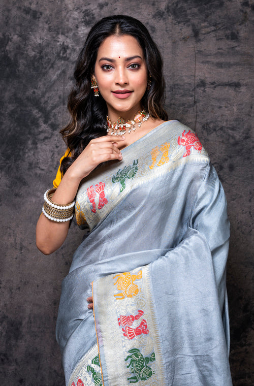 Morchari Pure Dola Silk Saree - Grey - Distacart